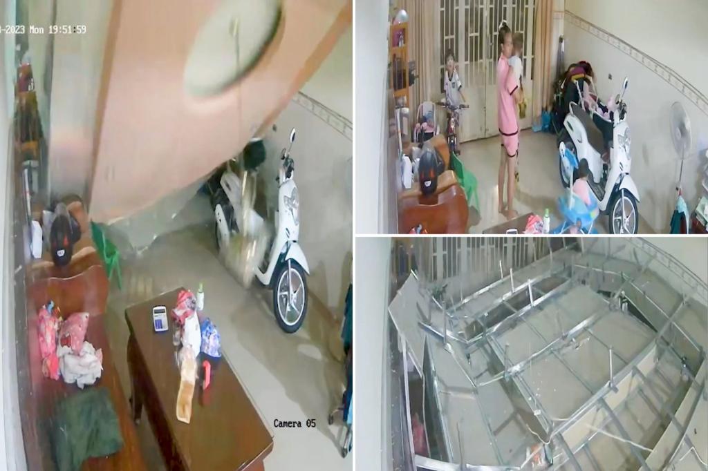 Mom runs back and saves her baby seconds before ceiling collapses above them in daring video