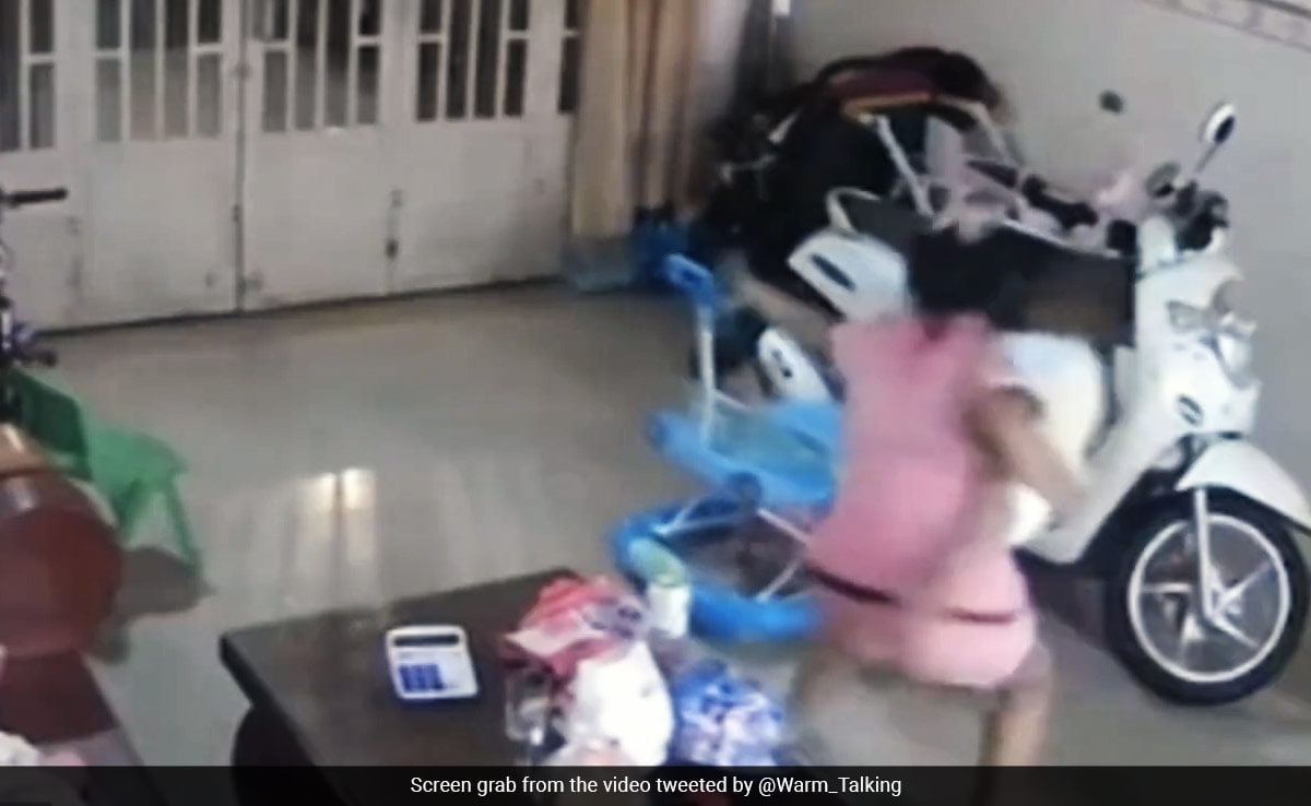 Terrifying Video Shows Mother Saving Her Child Seconds Before Home Ceiling Collapse In Cambodia